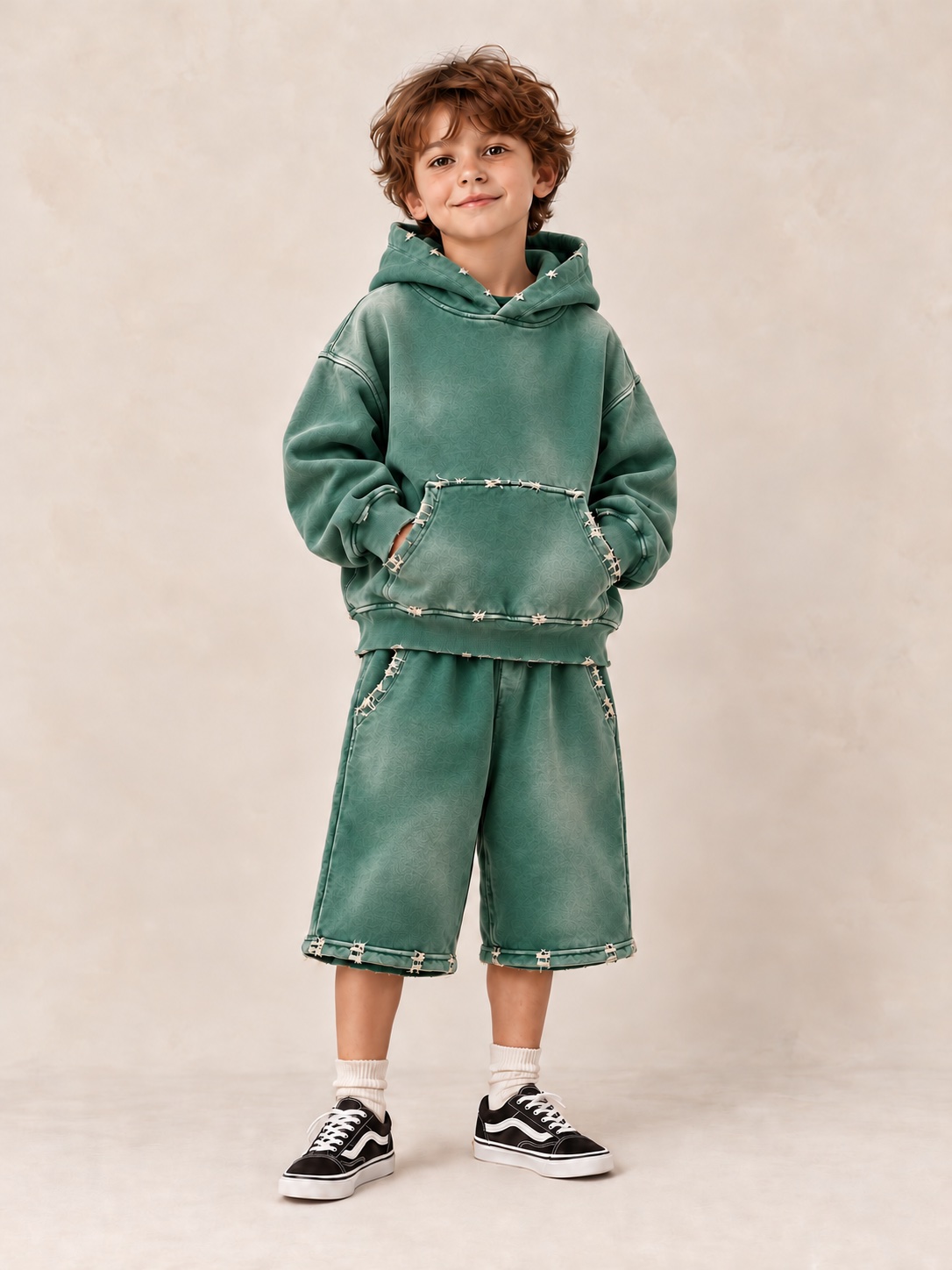 AI model wearing the Patina Hoodie and Patina 3/4 Shorts